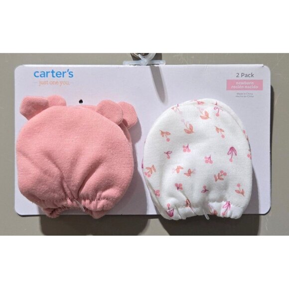 Carter's Baby Pink Bear Ears & Floral 2 Count Stay Put Mittens Set -- Sz Newborn - Picture 1 of 5
